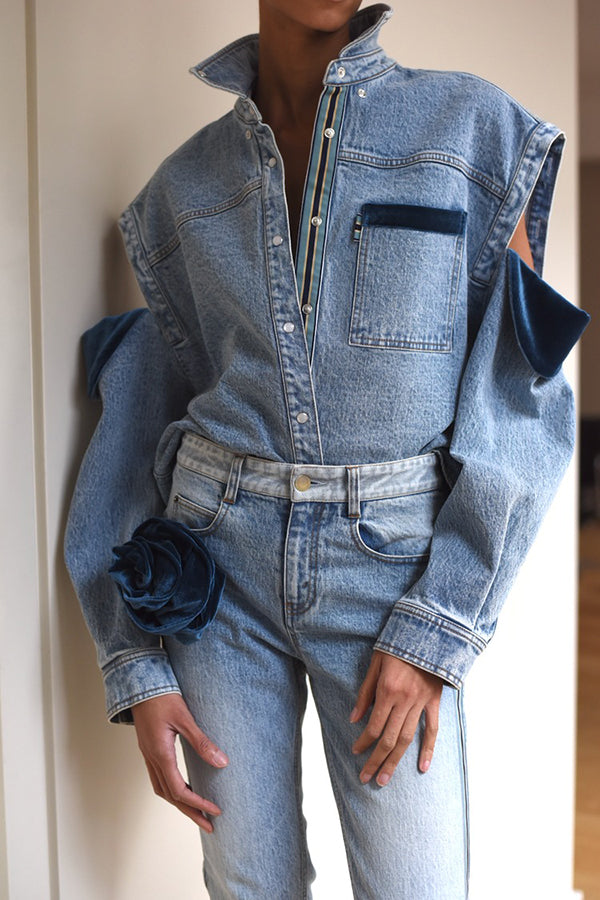 Stylish Corduroy Splicing Sleeve Denim Jacket