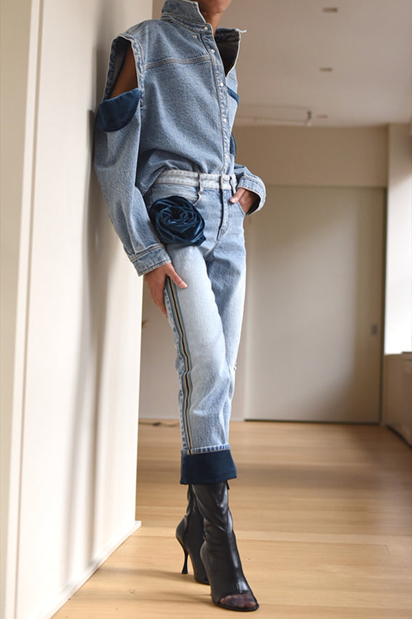 Stylish Corduroy Splicing Sleeve Denim Jacket