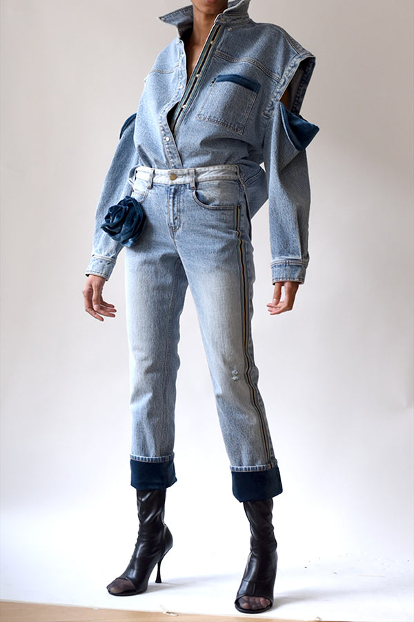 Stylish Corduroy Splicing Sleeve Denim Jacket