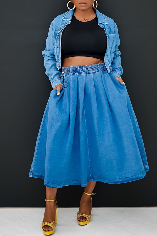 Casual Single Breasted Denim Jacket & Skirt Set