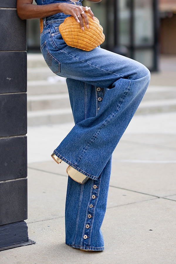 Stylish Unique Design Breasted Wide Leg Jeans