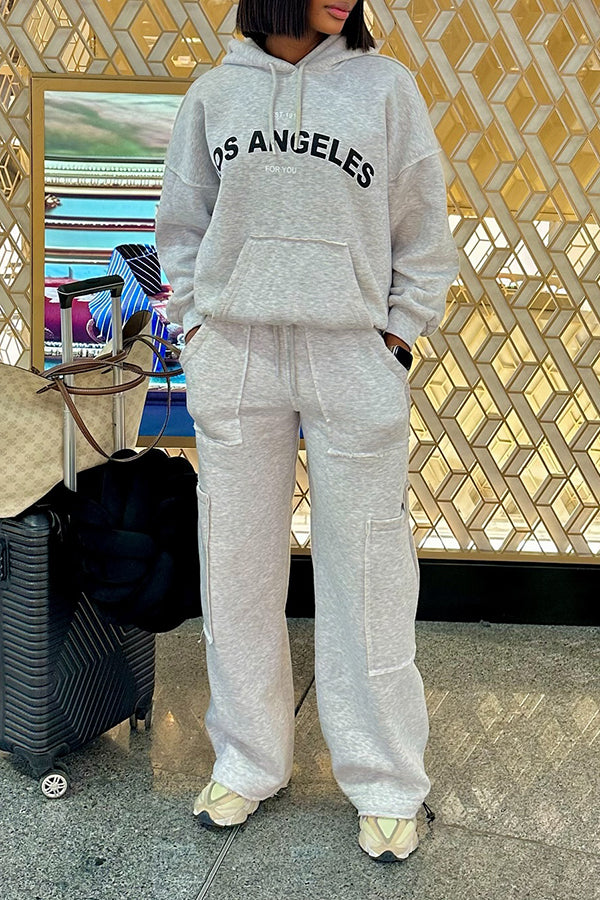 Casual Letter Graphic Hoodie & Patched Pocket Pants Set