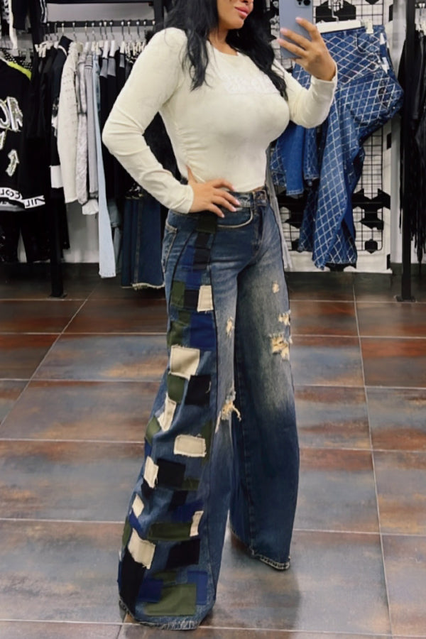 Casual Colorblock Ripped Wide Leg Jeans