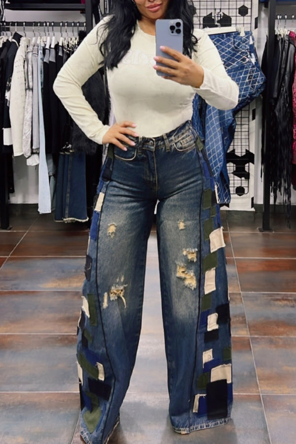 Casual Colorblock Ripped Wide Leg Jeans