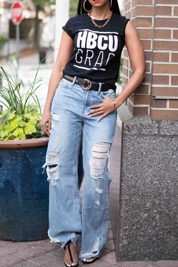 Casual Ripped Raw Trim Wide Leg Jeans