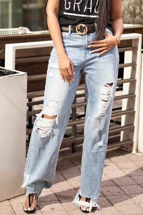 Casual Ripped Raw Trim Wide Leg Jeans