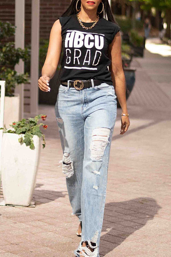 Casual Ripped Raw Trim Wide Leg Jeans