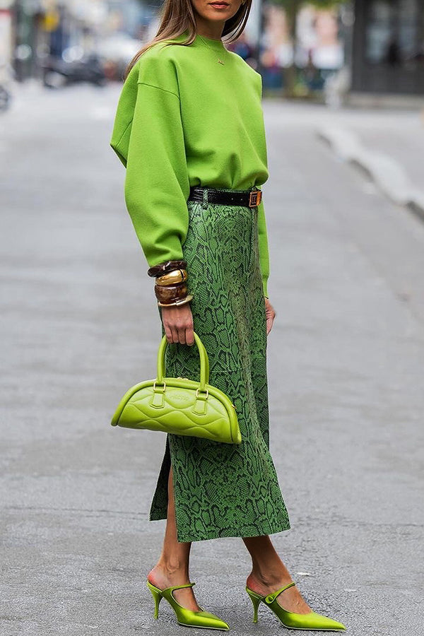 Stylish Round Neck Top & Snakeskin Print Skirt Set