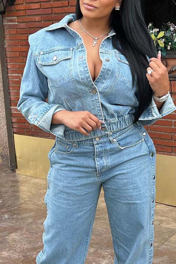 Casual Shoulder Pad Single Breasted Denim Jacket