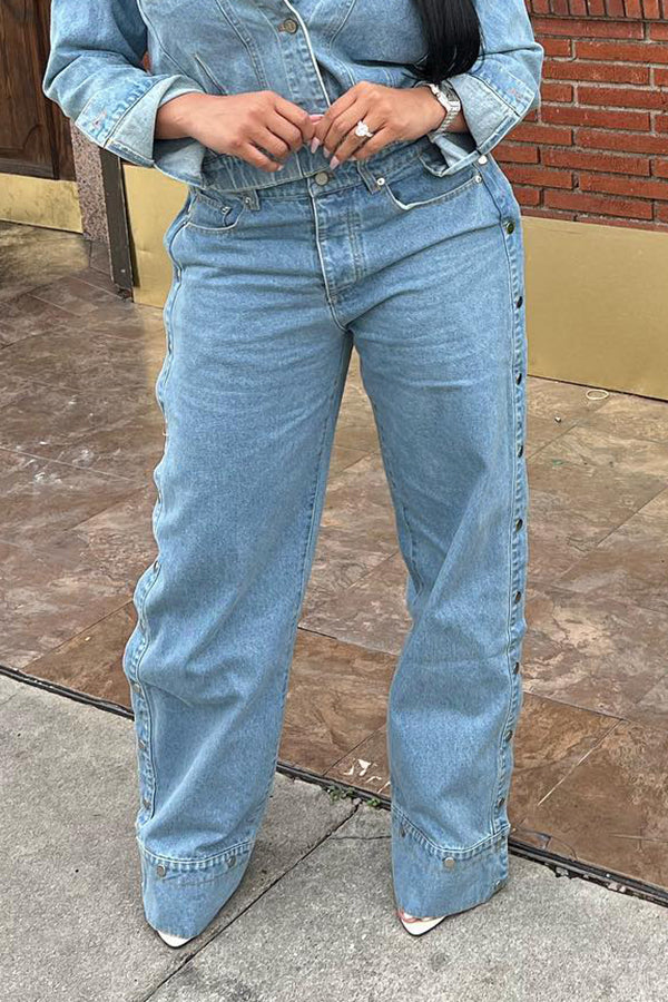 Casual Side Button Up Wide Leg Jeans