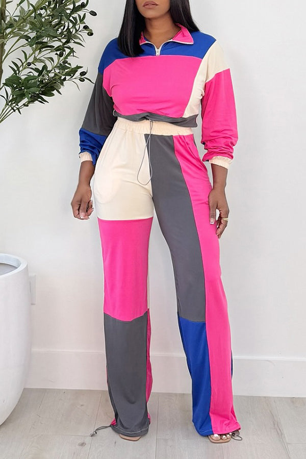 Casual Colorblock Sweatshirt & Wide Leg Pants Set