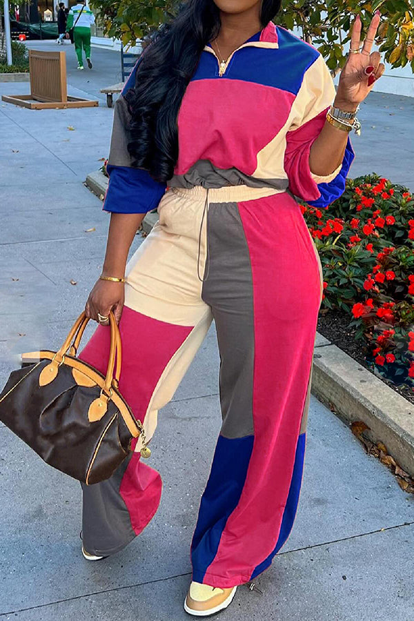 Casual Colorblock Sweatshirt & Wide Leg Pants Set