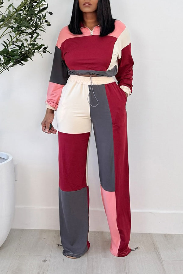 Casual Colorblock Sweatshirt & Wide Leg Pants Set