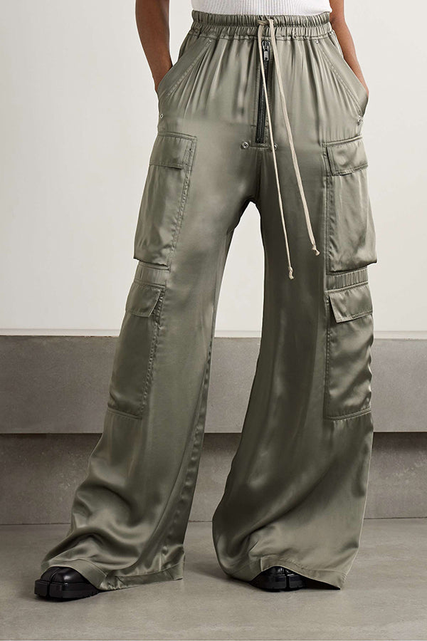 Casual Flap Pocket Drawstring Waist Satin Pants