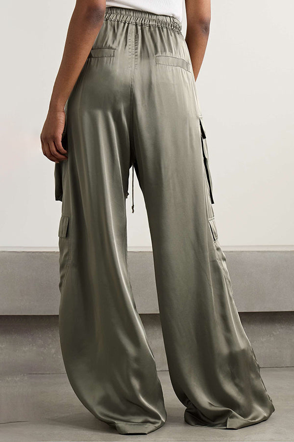 Casual Flap Pocket Drawstring Waist Satin Pants