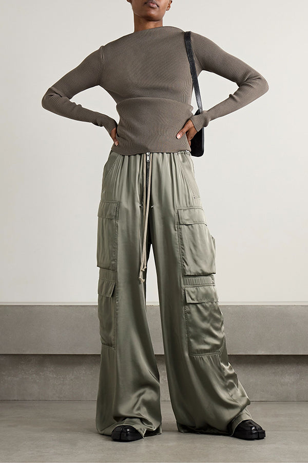 Casual Flap Pocket Drawstring Waist Satin Pants