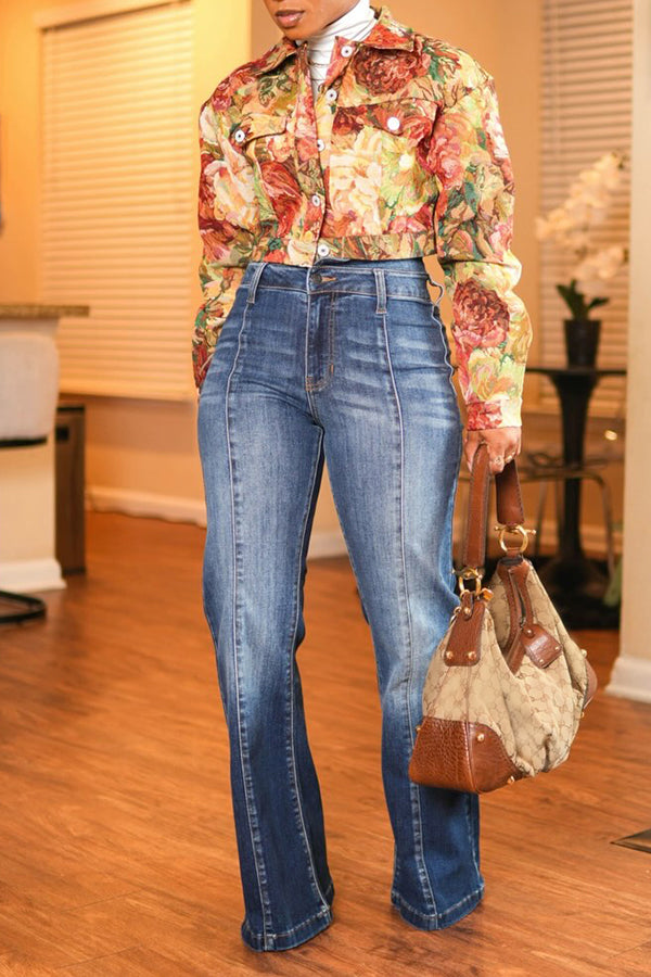 Casual Floral Print Single Breasted Jacket