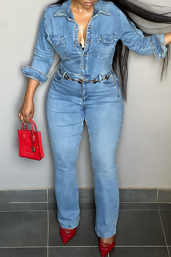 Casual Single Breasted Light Washed Denim Jumpsuits