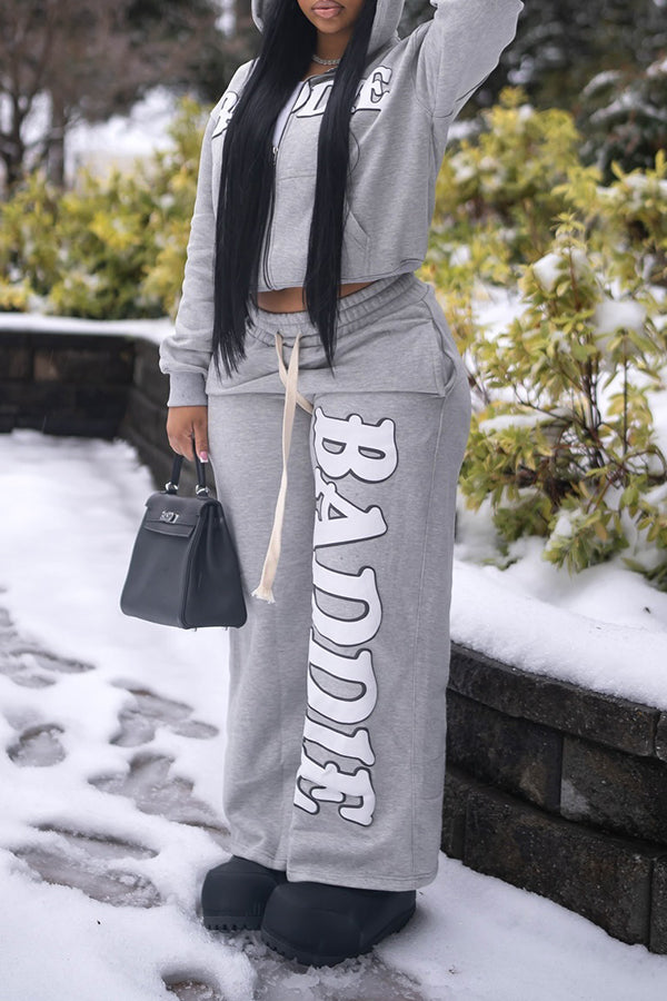 Casual Letter Graphic Hooded & Sweatpants Set