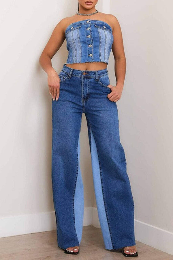 Casual High Rise Color Block Wide Leg Jeans