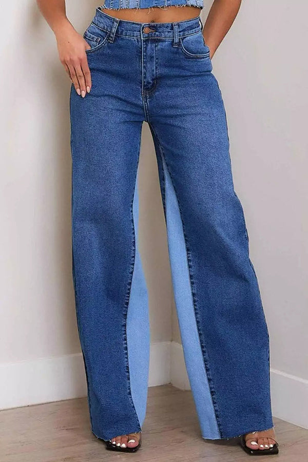 Casual High Rise Color Block Wide Leg Jeans