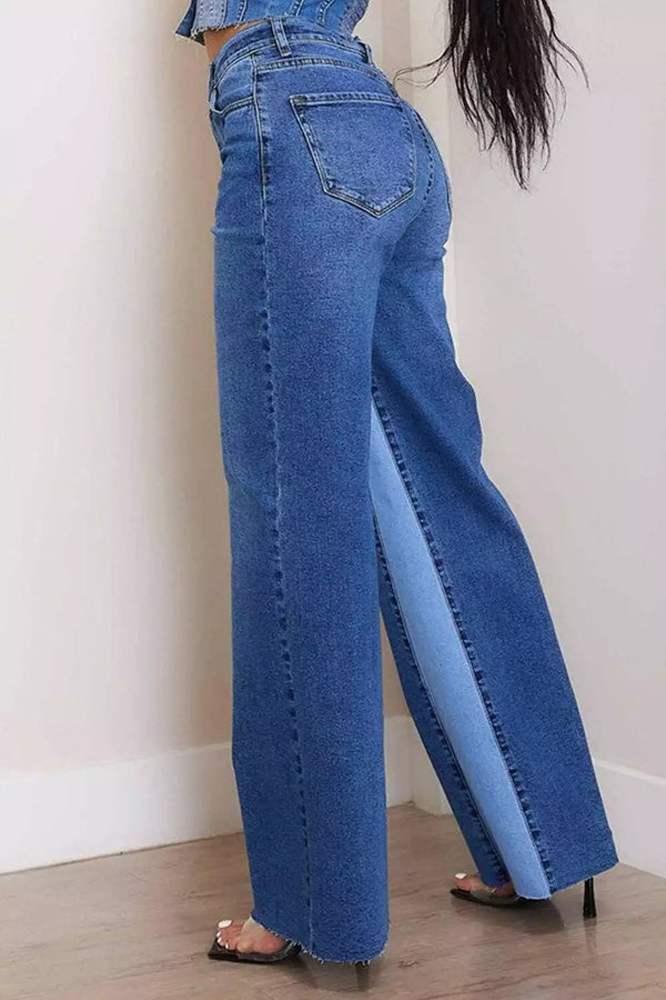 Casual High Rise Color Block Wide Leg Jeans