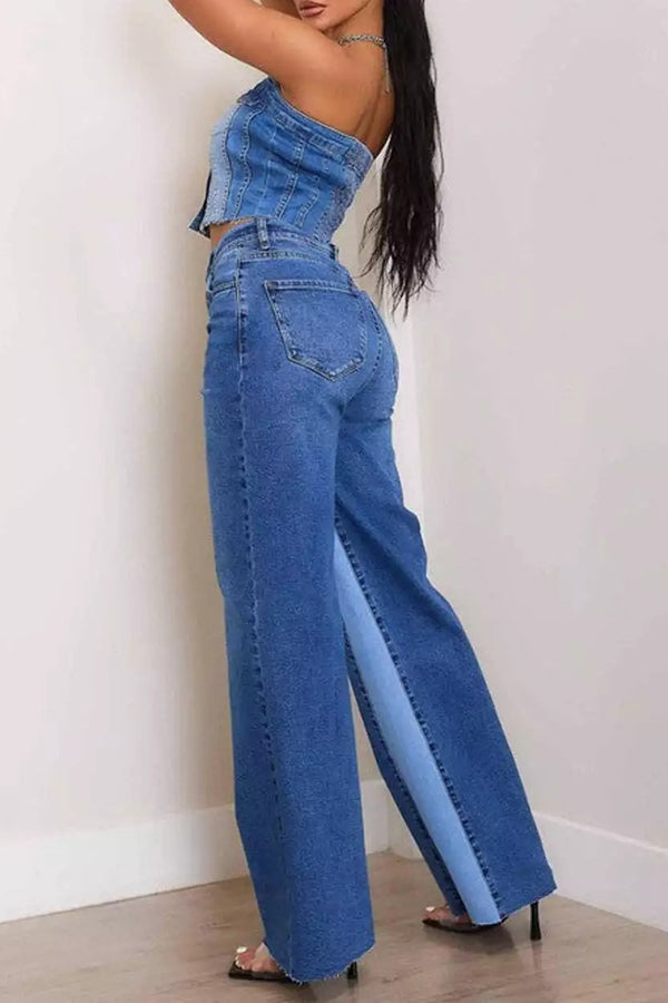 Casual High Rise Color Block Wide Leg Jeans