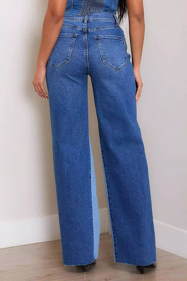 Casual High Rise Color Block Wide Leg Jeans