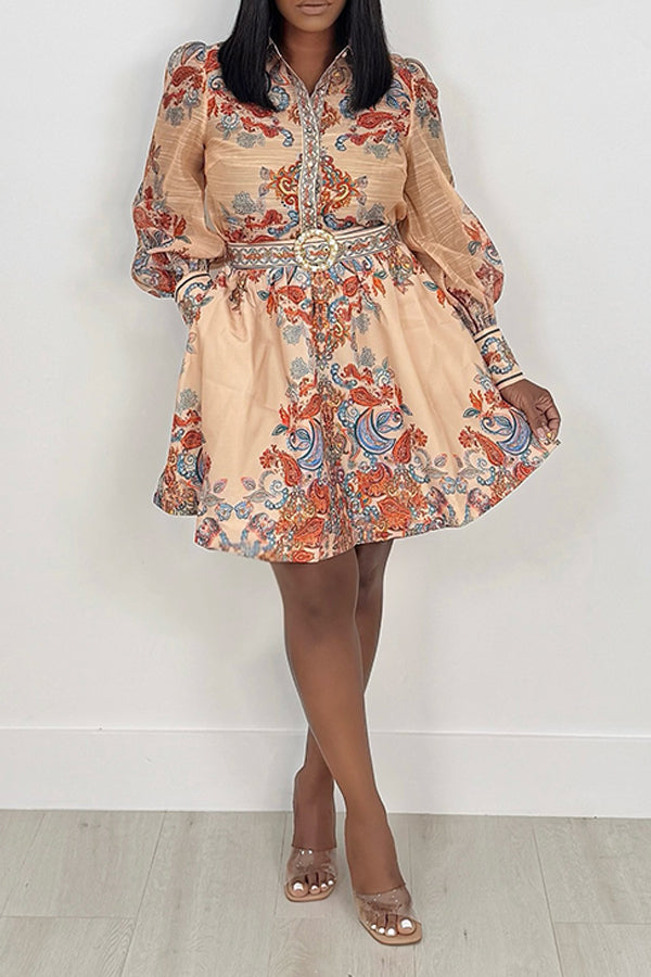 Elegant Lantern Sleeve Mandala Print Shirt & Skirt Set