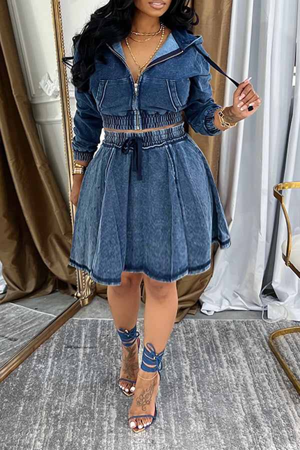 Casual Hooded Denim Jacket & Skirt Set