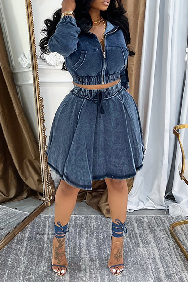 Casual Hooded Denim Jacket & Skirt Set