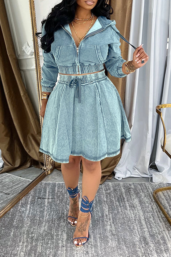 Casual Hooded Denim Jacket & Skirt Set