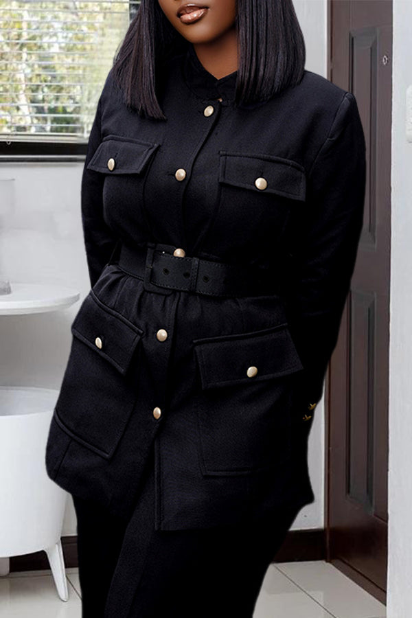 Chic Flap Pocket Single Breasted Coat & Pants Set