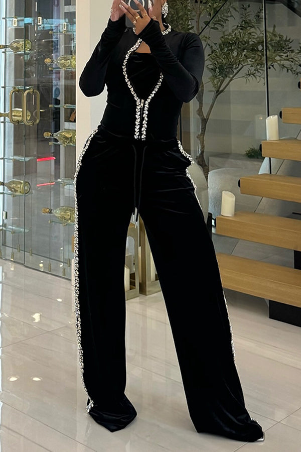 Stylish Rhinestone Decoration Velvet Coat & Pants Set