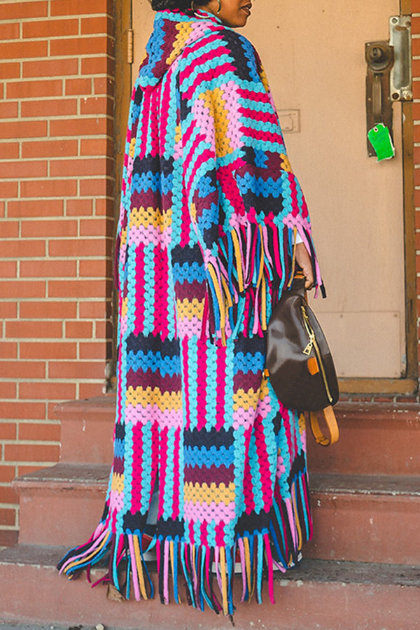 Casual Colorblock Striped Fringe Hem Cardigan