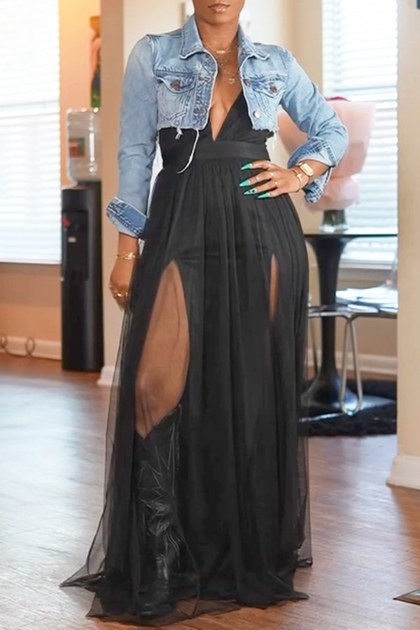 Stylish V-Neck Mesh Overlay Maxi Dress