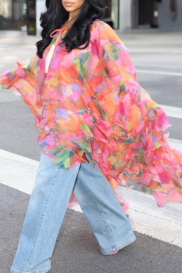 Casual Botanical Print Layered Ruffle Hem Shirt