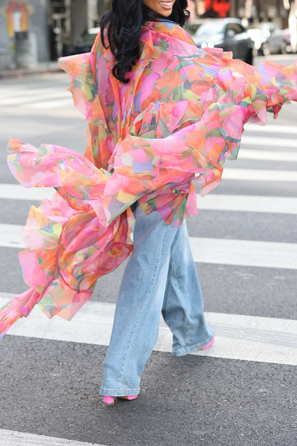 Casual Botanical Print Layered Ruffle Hem Shirt