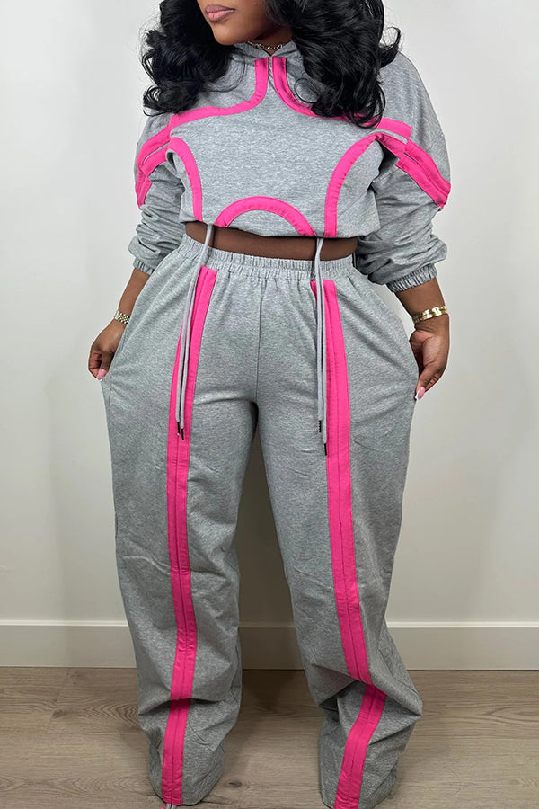 Casual Contrast Color Line Hooded & Pants Set