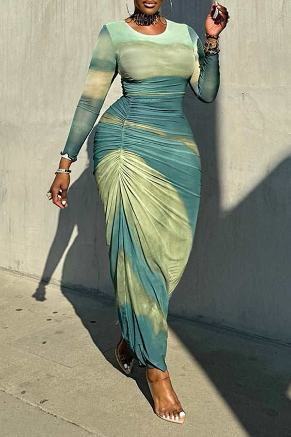 Stylish Tie Dye Ruched Maxi Dress