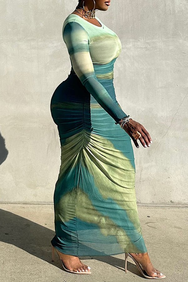 Stylish Tie Dye Ruched Maxi Dress