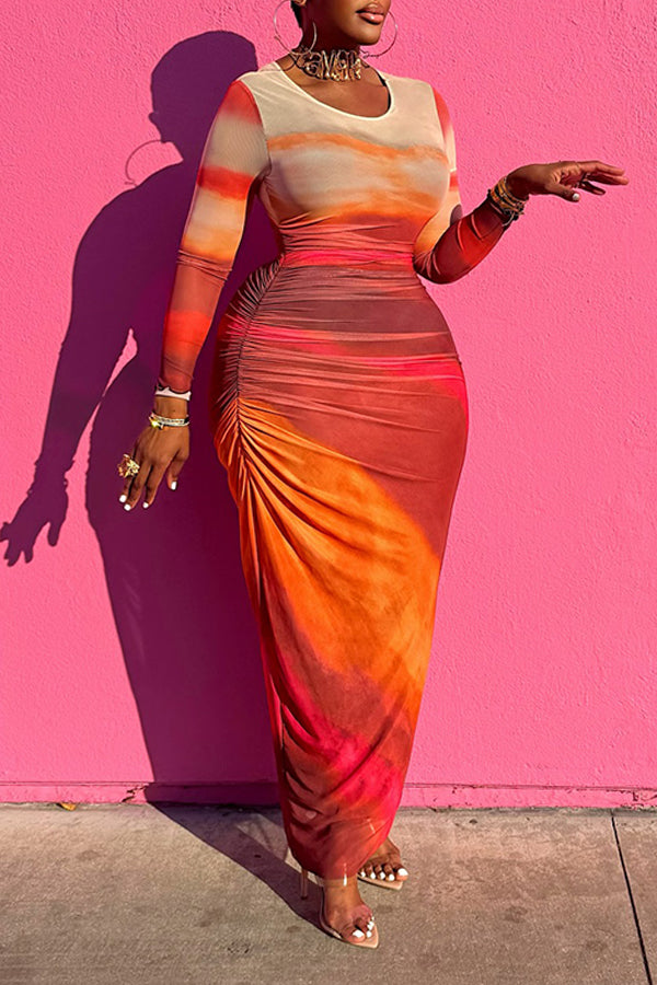 Stylish Tie Dye Ruched Maxi Dress