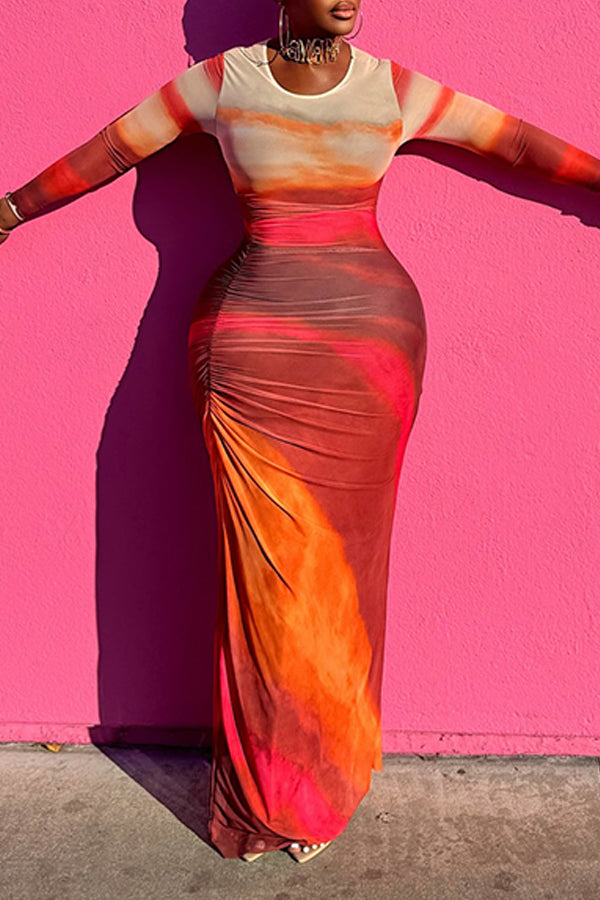 Stylish Tie Dye Ruched Maxi Dress