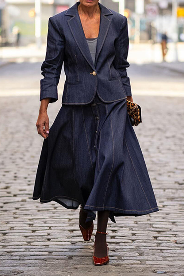 Chic Lapel Neck Denim Blazer & A-Line Skirt Set