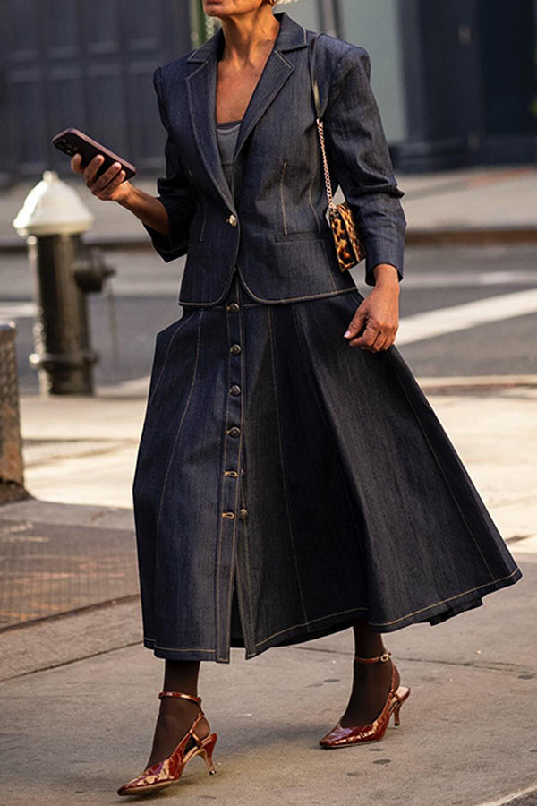 Chic Lapel Neck Denim Blazer & A-Line Skirt Set