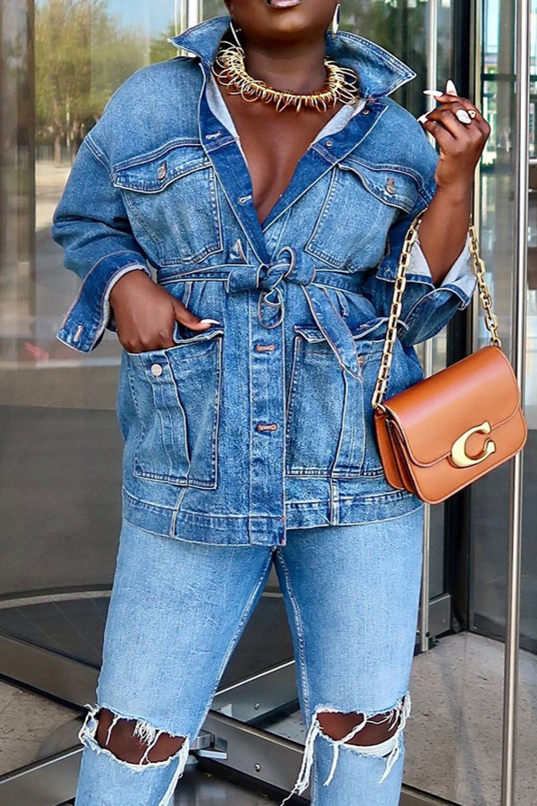 Casual Flap Pocket Belted Denim Jacket