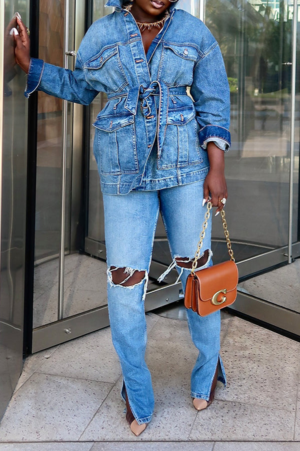 Casual Flap Pocket Belted Denim Jacket