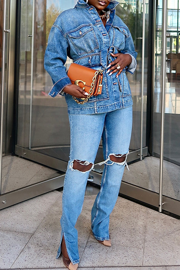 Casual Flap Pocket Belted Denim Jacket