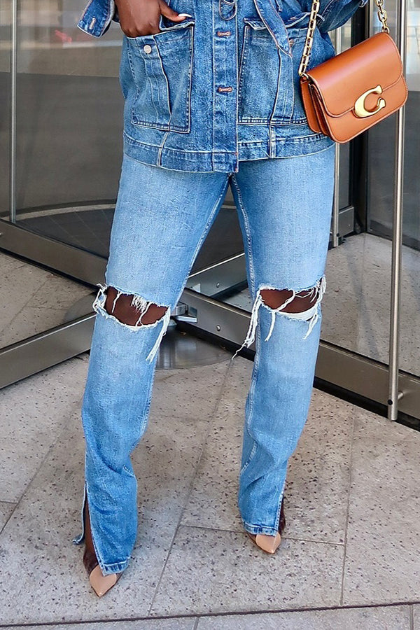 Casual Solid Ripped Split Hem Jeans