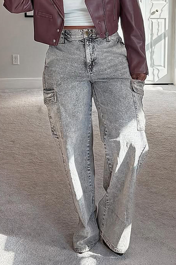 Casual Flap Pocket Wide Leg Jeans